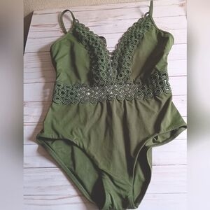 Becca Siren One piece Swim Suit Sz 12 Olive Green  Plunge Keyhole Front Tie Back
